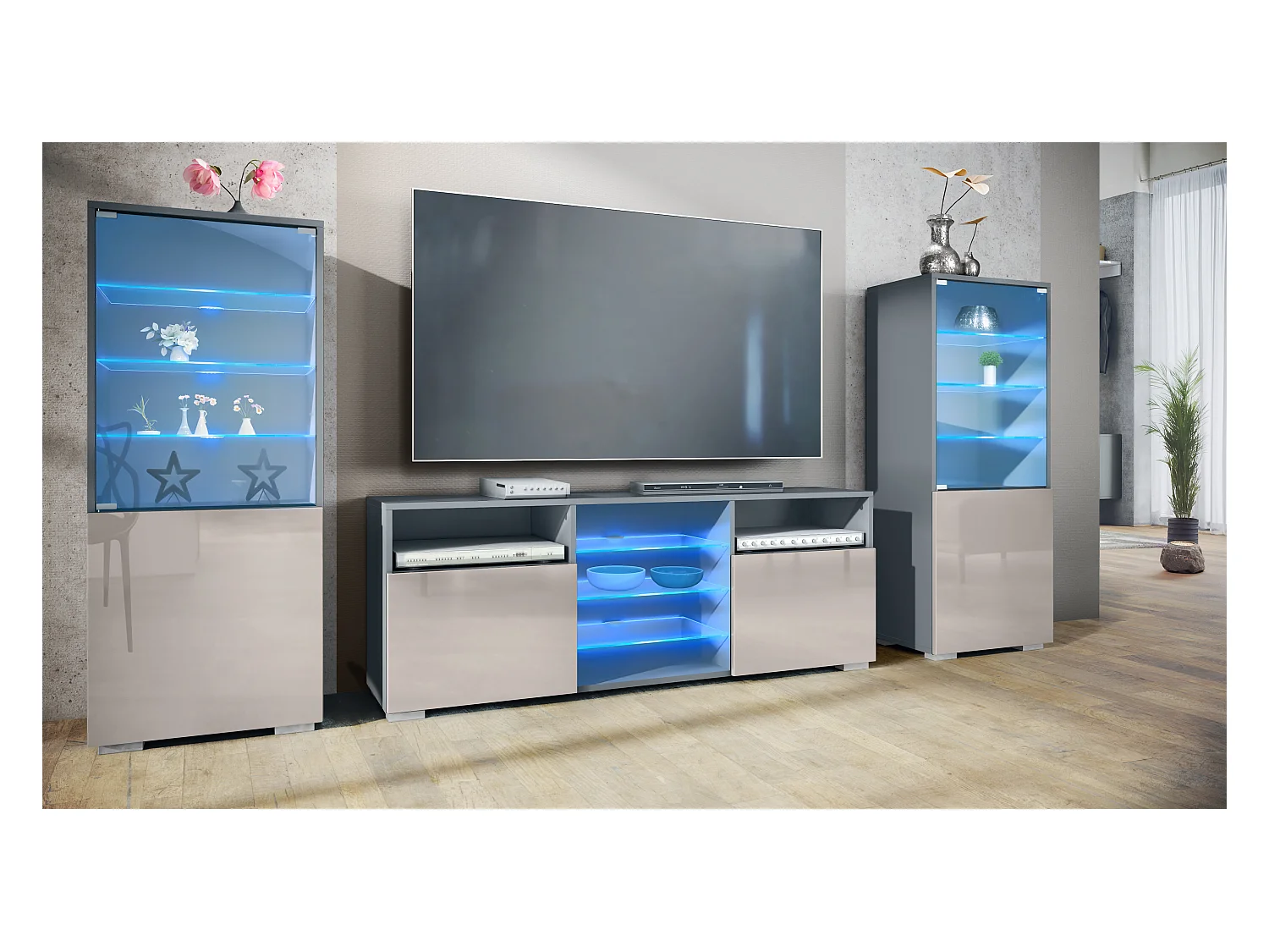 Ensemble mural Granada pour salon, comprenant 2 vitrines et 1 meuble TV, anthracite mat/gris sable haute brillance éclairage LED inclus (286 x 122,5 x 35 cm)