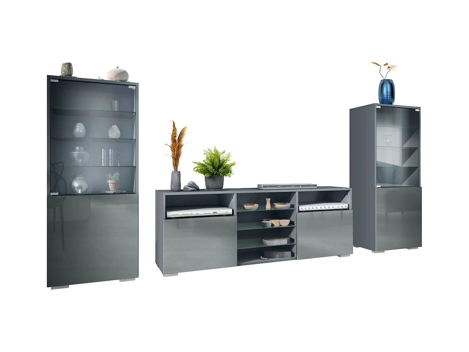 Ensemble mural Granada pour salon, comprenant 2 vitrines et 1 meuble TV, anthracite mat/gris haute brillance (286 x 122,5 x 35 cm)