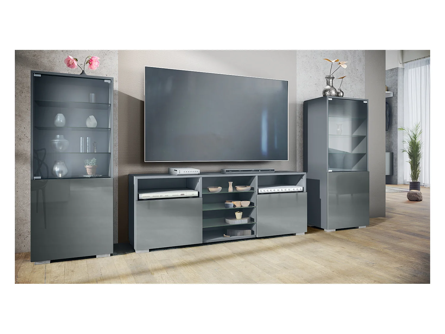 Ensemble mural Granada pour salon, comprenant 2 vitrines et 1 meuble TV, anthracite mat/gris haute brillance (286 x 122,5 x 35 cm)
