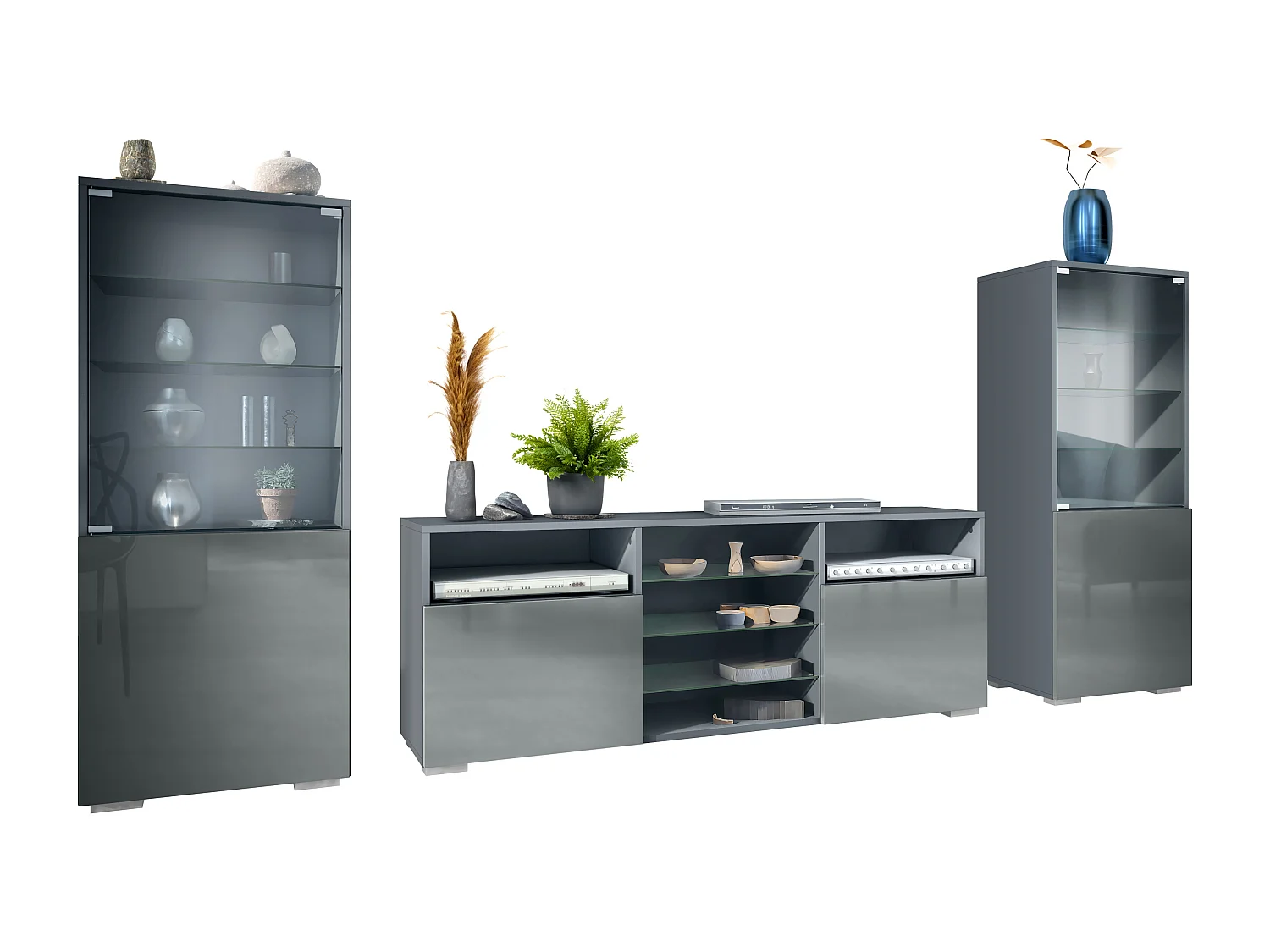 Mueble de pared Granada para sala de estar, compuesto por 2 vitrinas y 1 mueble de TV,antracita mate/gris de alto brillo (286 x 122,5 x 35 cm)