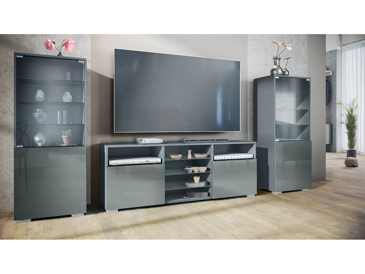 Mueble de pared Granada para sala de estar, compuesto por 2 vitrinas y 1 mueble de TV,antracita mate/gris de alto brillo (286 x 122,5 x 35 cm)