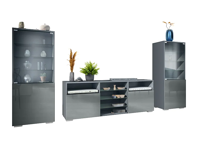 Ensemble mural Granada pour salon, comprenant 2 vitrines et 1 meuble TV, anthracite mat/gris haute brillance (286 x 122,5 x 35 cm)