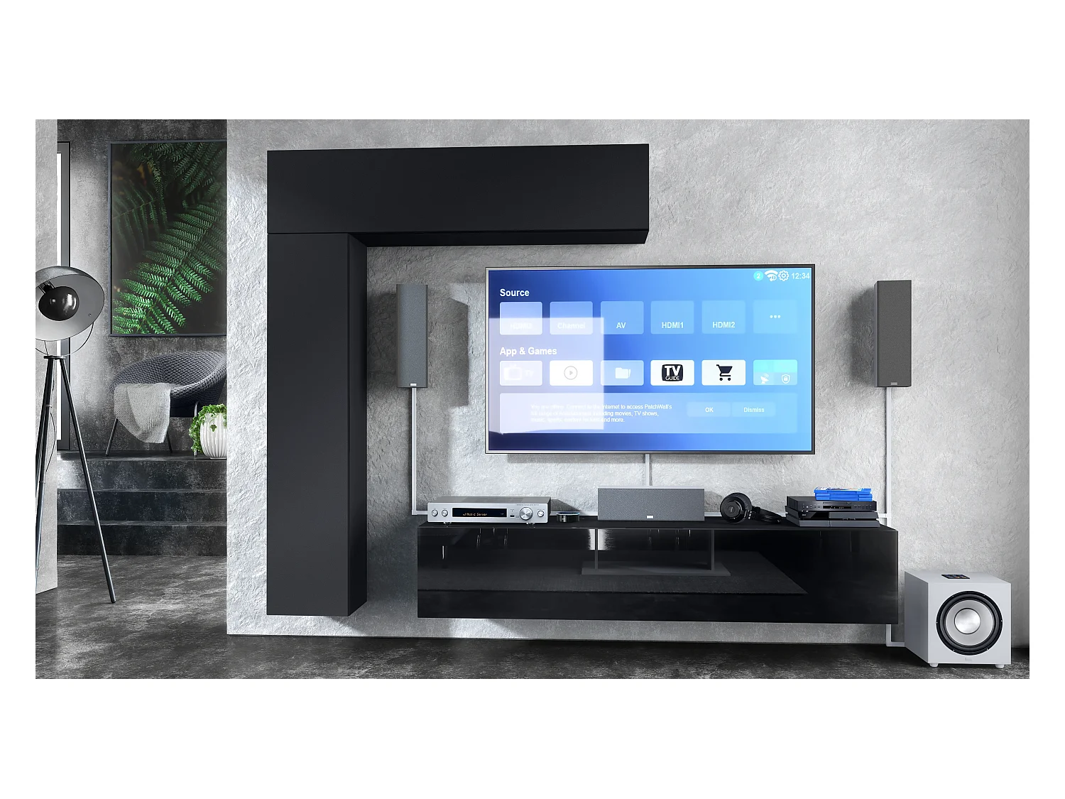 Meuble-paroi Taurito, noir mat/noir mat - Meuble-paroi moderne pour votre salon (320 x 182 x 39 cm)