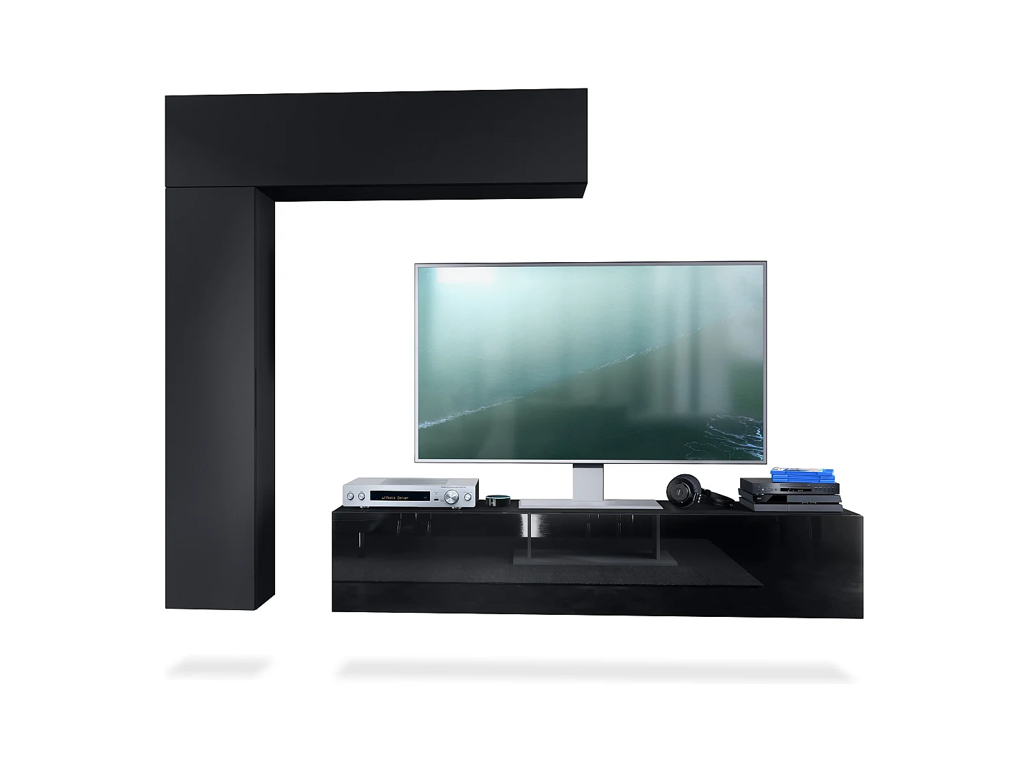 Meuble-paroi Taurito, noir mat/noir mat - Meuble-paroi moderne pour votre salon (320 x 182 x 39 cm)