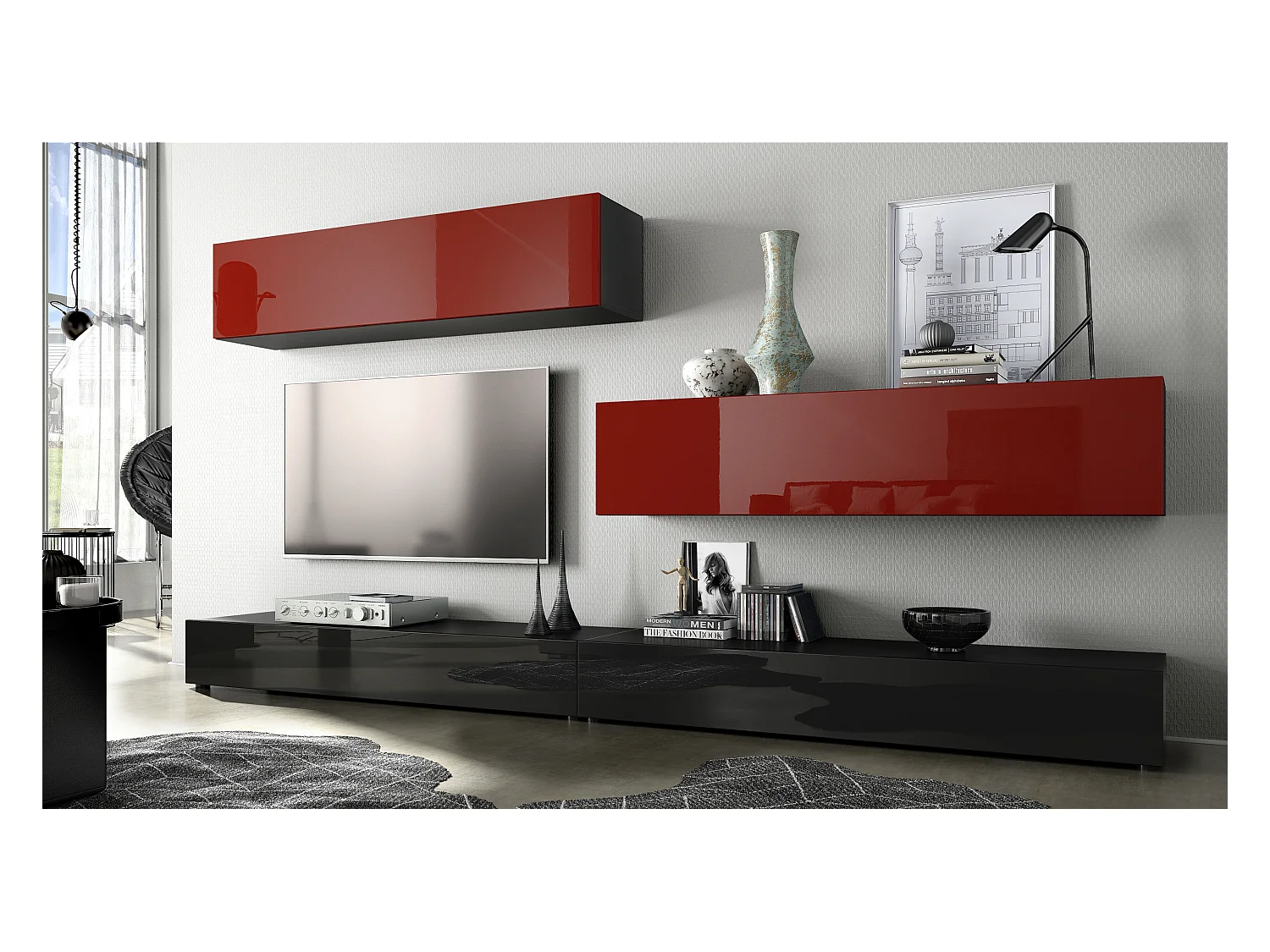 WOHNWAND Nublo Klappen in Bordeaux Hochglanz