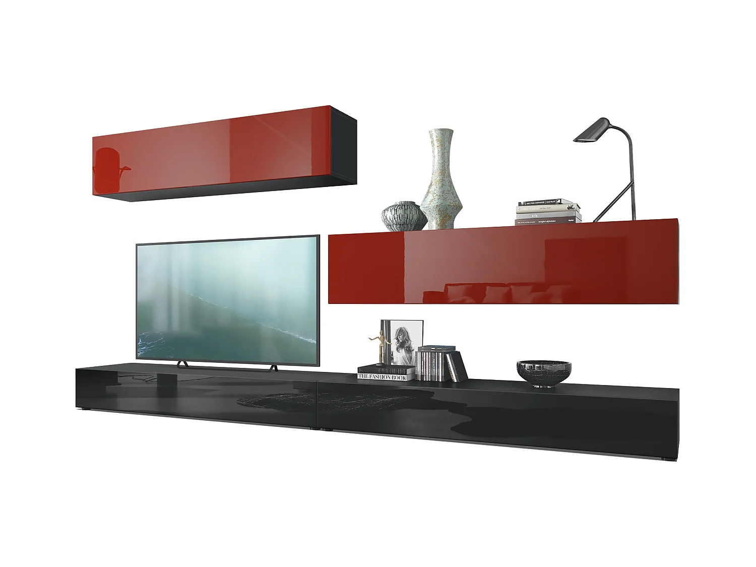 Combinaison murale Armoire Nublo, Corps en Noir mat / Façades en Noir haute brillance et Bordeaux haute brillance
