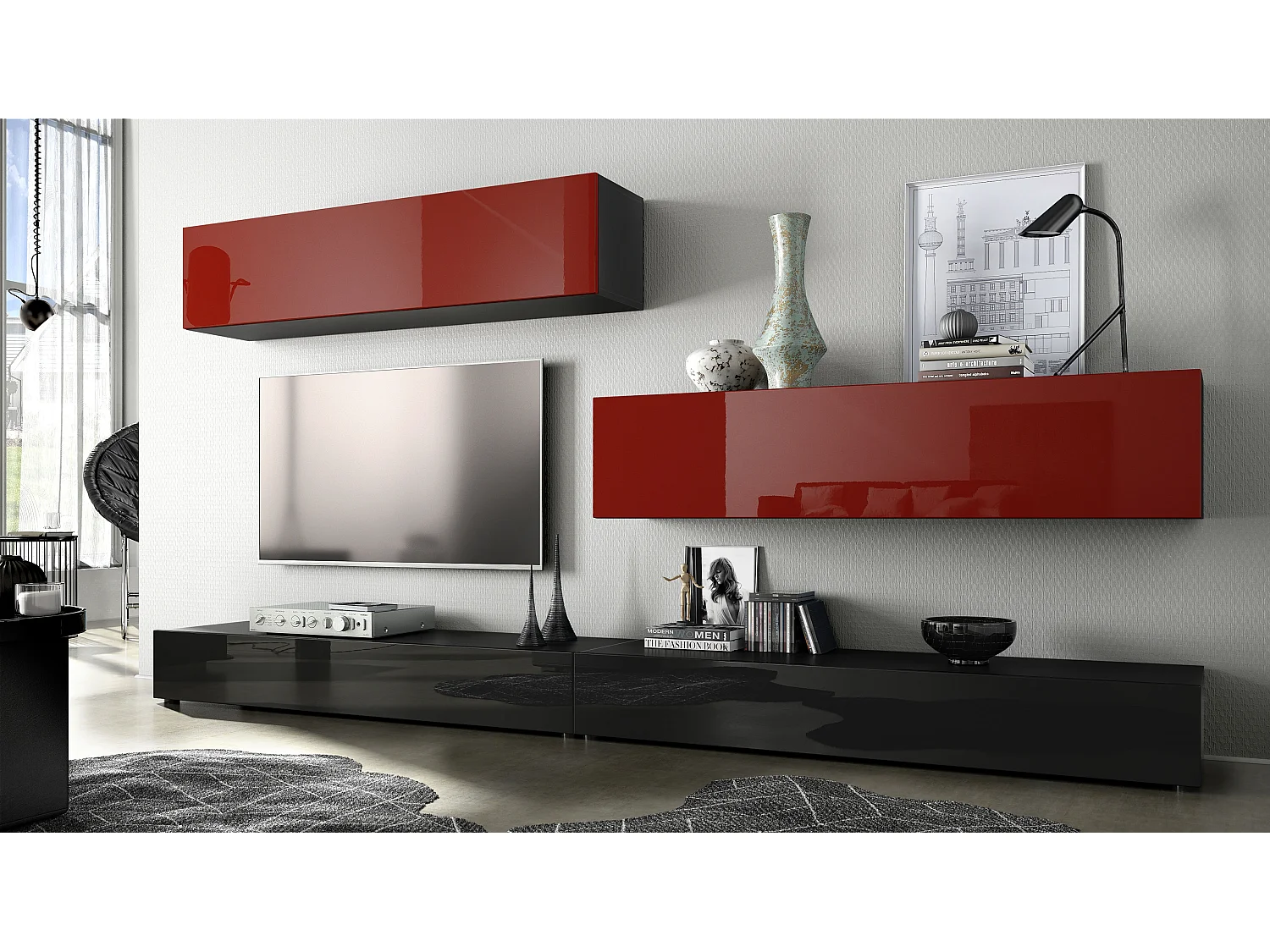 Porta TV  a parete Nublo, struttura in nero opaco / frontali in nero lucido e bordeaux lucido