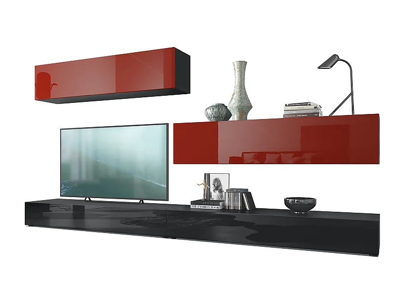 Combinaison murale Armoire Nublo, Corps en Noir mat / Façades en Noir haute brillance et Bordeaux haute brillance