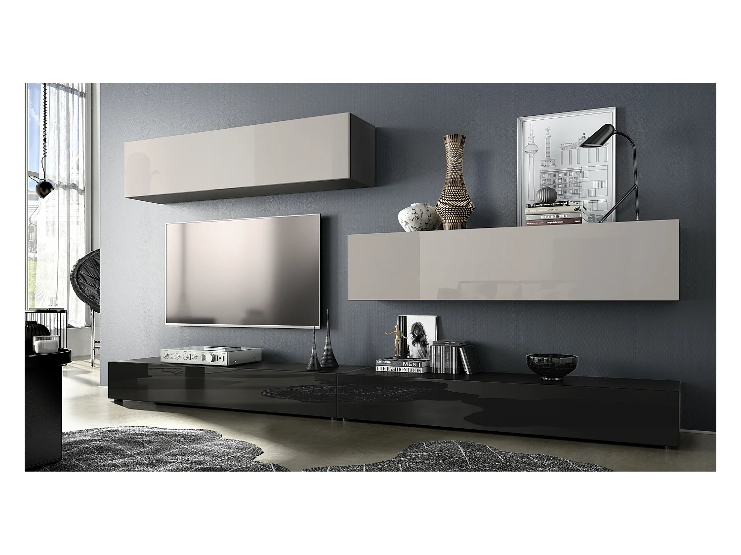 WOHNWAND Nublo Klappen in Sandgrau Hochglanz