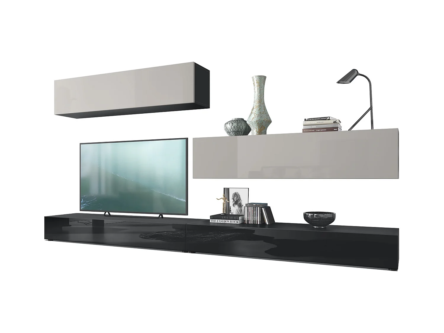 Combinaison murale Armoire Nublo, Corps en Noir mat / Façades en Noir haute brillance et Gris sable haute brillance