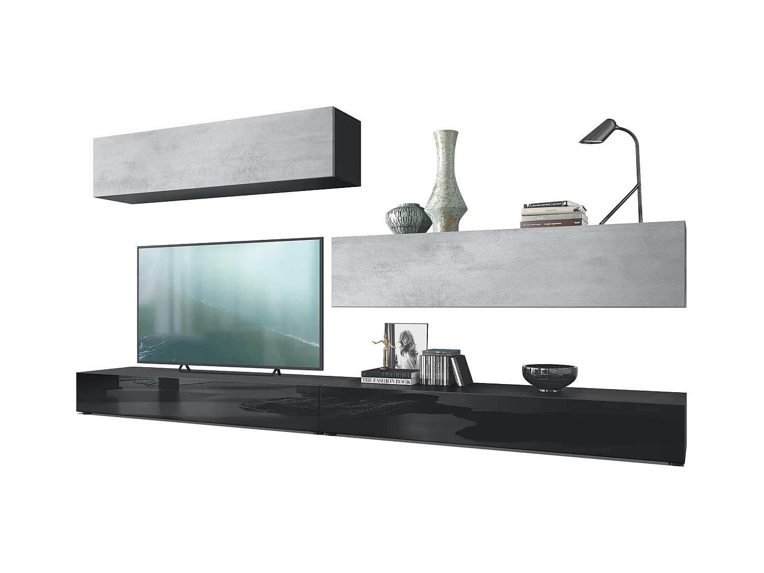 Combinaison murale Armoire Nublo, Corps en Noir mat / Façades en Noir haute brillance et Aspect Béton Oxyde