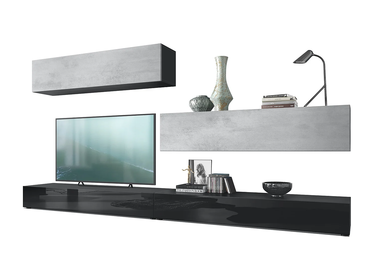 Porta TV  a parete Nublo, struttura in nero opaco / frontali in nero lucido e grigio ossido.