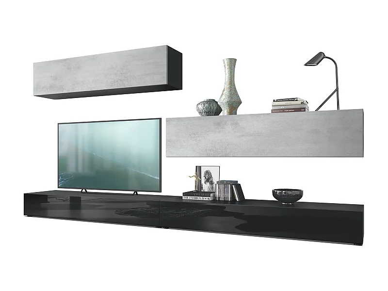 Combinaison murale Armoire Nublo, Corps en Noir mat / Façades en Noir haute brillance et Aspect Béton Oxyde