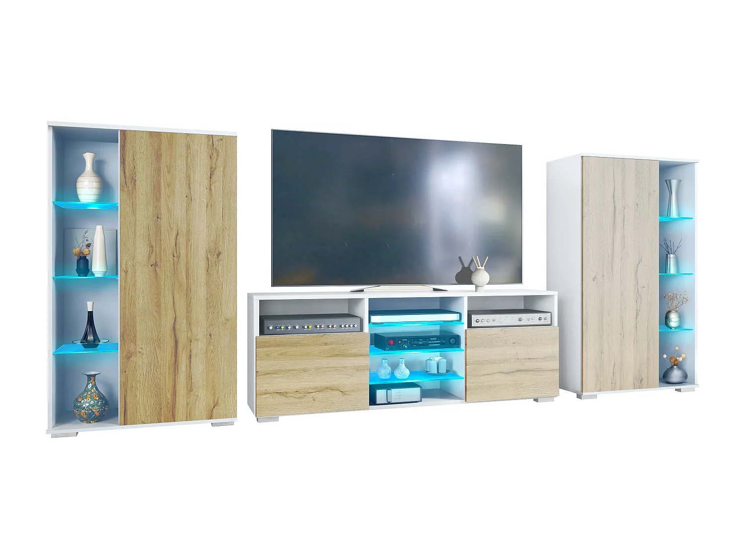 Mobile parete Davos per soggiorno, composto da 2 vetrine e 1 mobile TV, bianco opaco/rovere naturale incl. illuminazione a LED (329 x 134 x 35 cm)