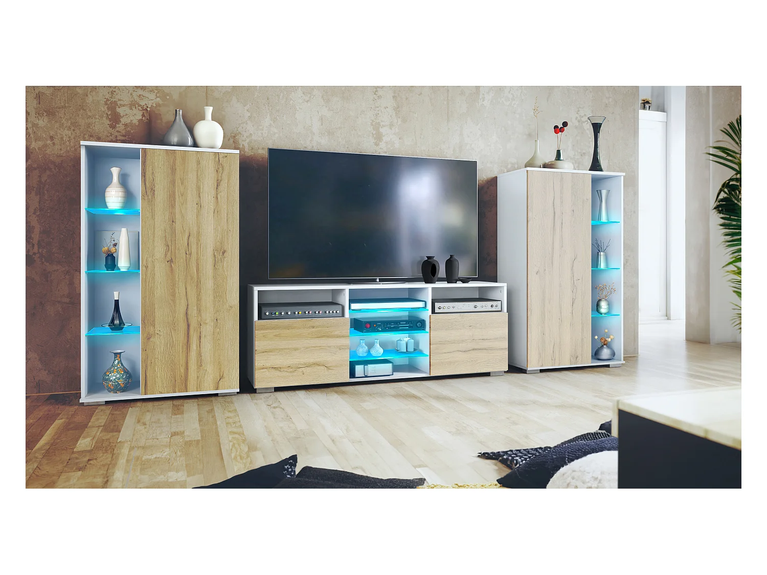 Mobile parete Davos per soggiorno, composto da 2 vetrine e 1 mobile TV, bianco opaco/rovere naturale incl. illuminazione a LED (329 x 134 x 35 cm)