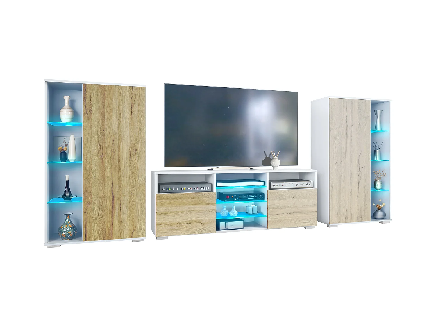 Mobile parete Davos per soggiorno, composto da 2 vetrine e 1 mobile TV, bianco opaco/rovere naturale incl. illuminazione a LED (329 x 134 x 35 cm)
