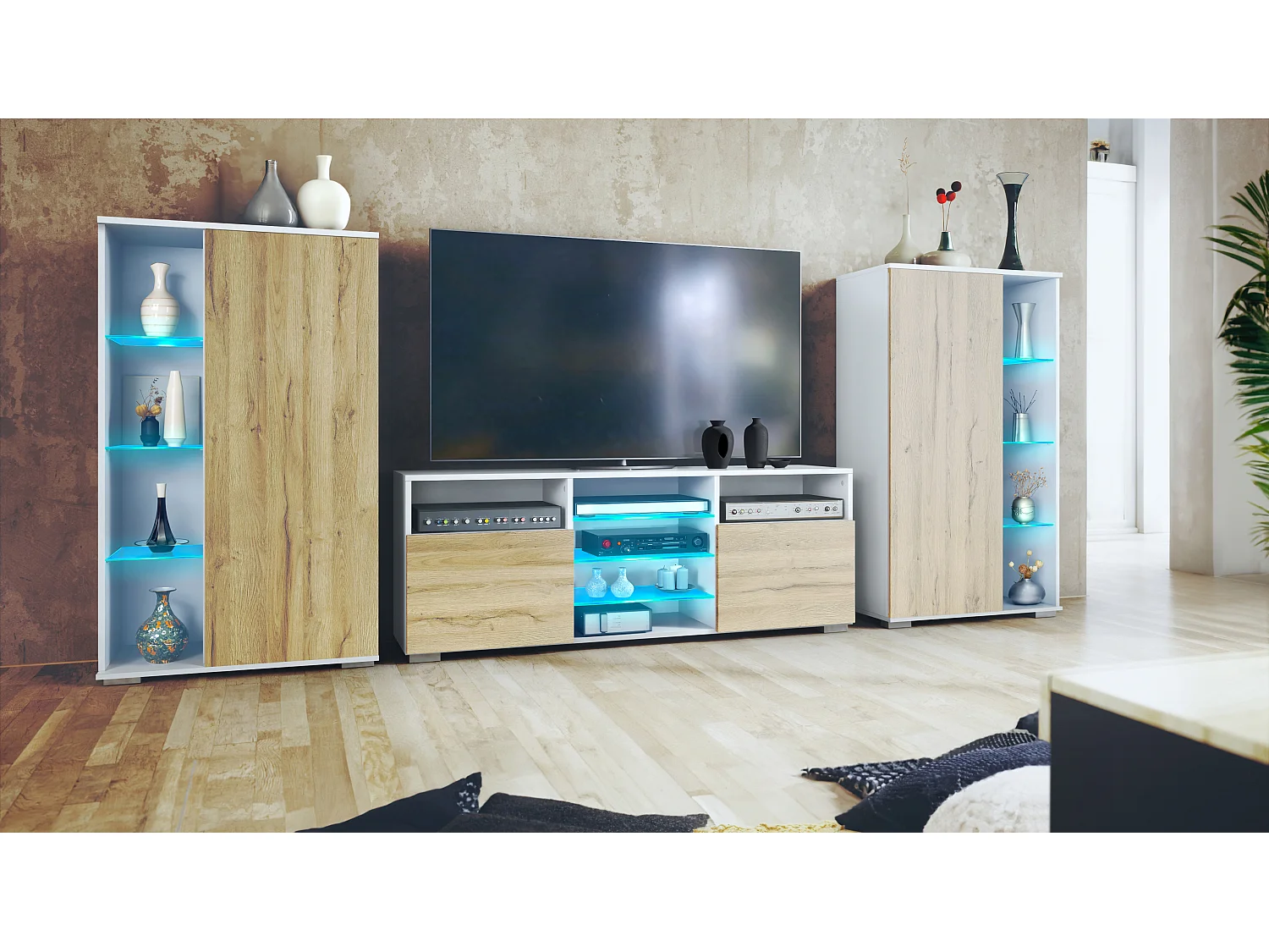 Ensemble mural Davos pour salon, comprenant 2 vitrines et 1 meuble TV, blanc mat/chêne nature éclairage LED inclus (329 x 134 x 35 cm)