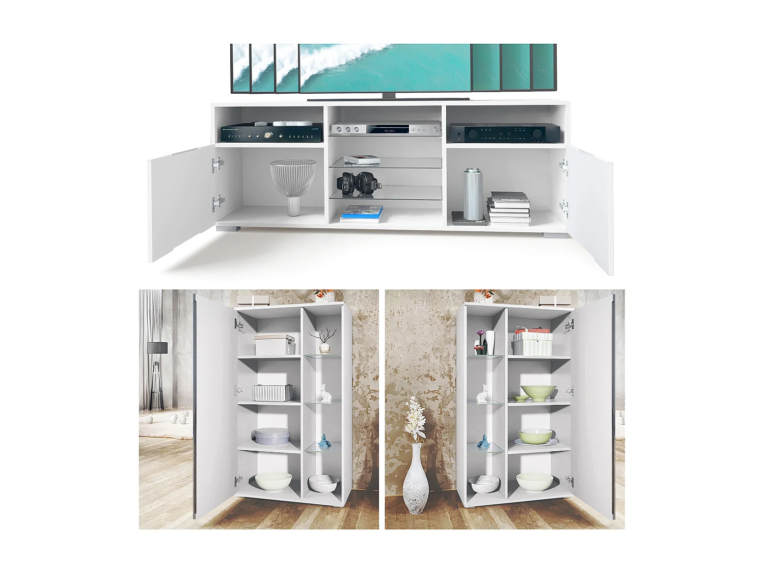 Ensemble mural Davos pour salon, comprenant 2 vitrines et 1 meuble TV, blanc mat/chêne nature éclairage LED inclus (329 x 134 x 35 cm)