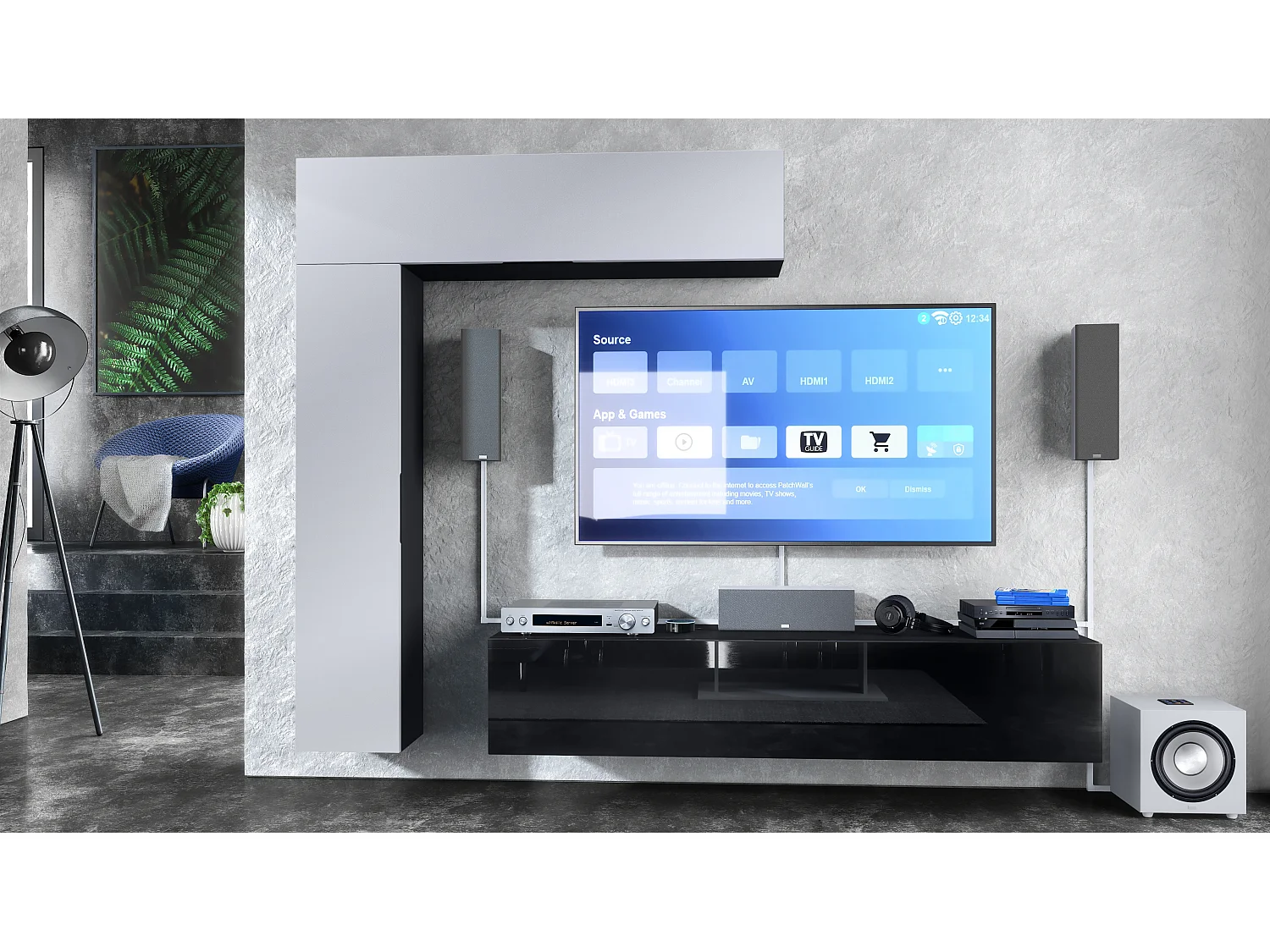 Meuble-paroi Taurito, noir mat/blanc mat - Meuble-paroi moderne pour votre salon (320 x 182 x 39 cm)