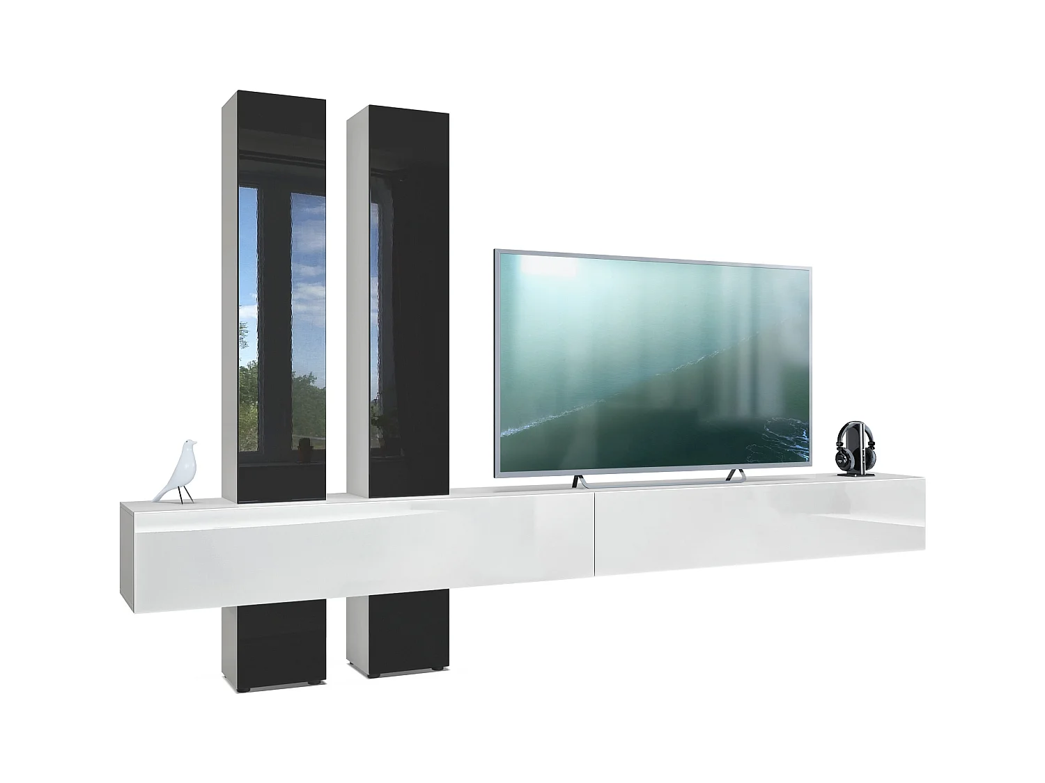 Vladon mueble alto Moja - Blanco mate & Blanco/negro de alto brillo - Mueble alto moderno para su salón (AxAxP) 330 x 204 x 39 cm