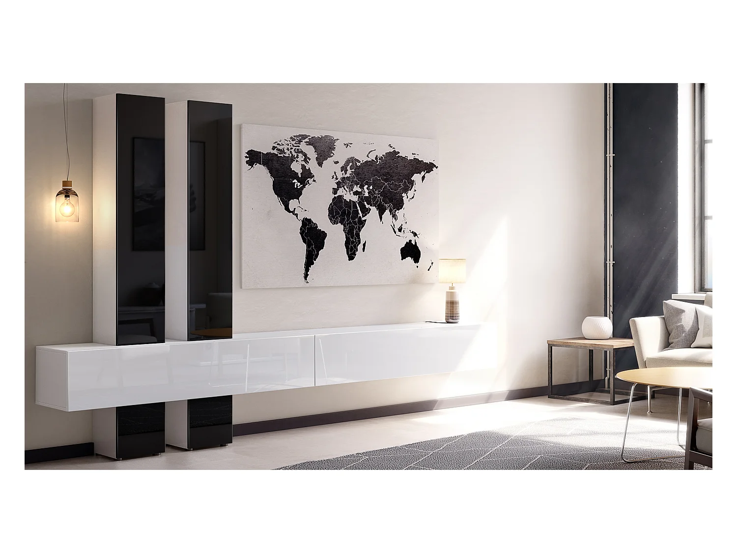 Vladon mueble alto Moja - Blanco mate & Blanco/negro de alto brillo - Mueble alto moderno para su salón (AxAxP) 330 x 204 x 39 cm