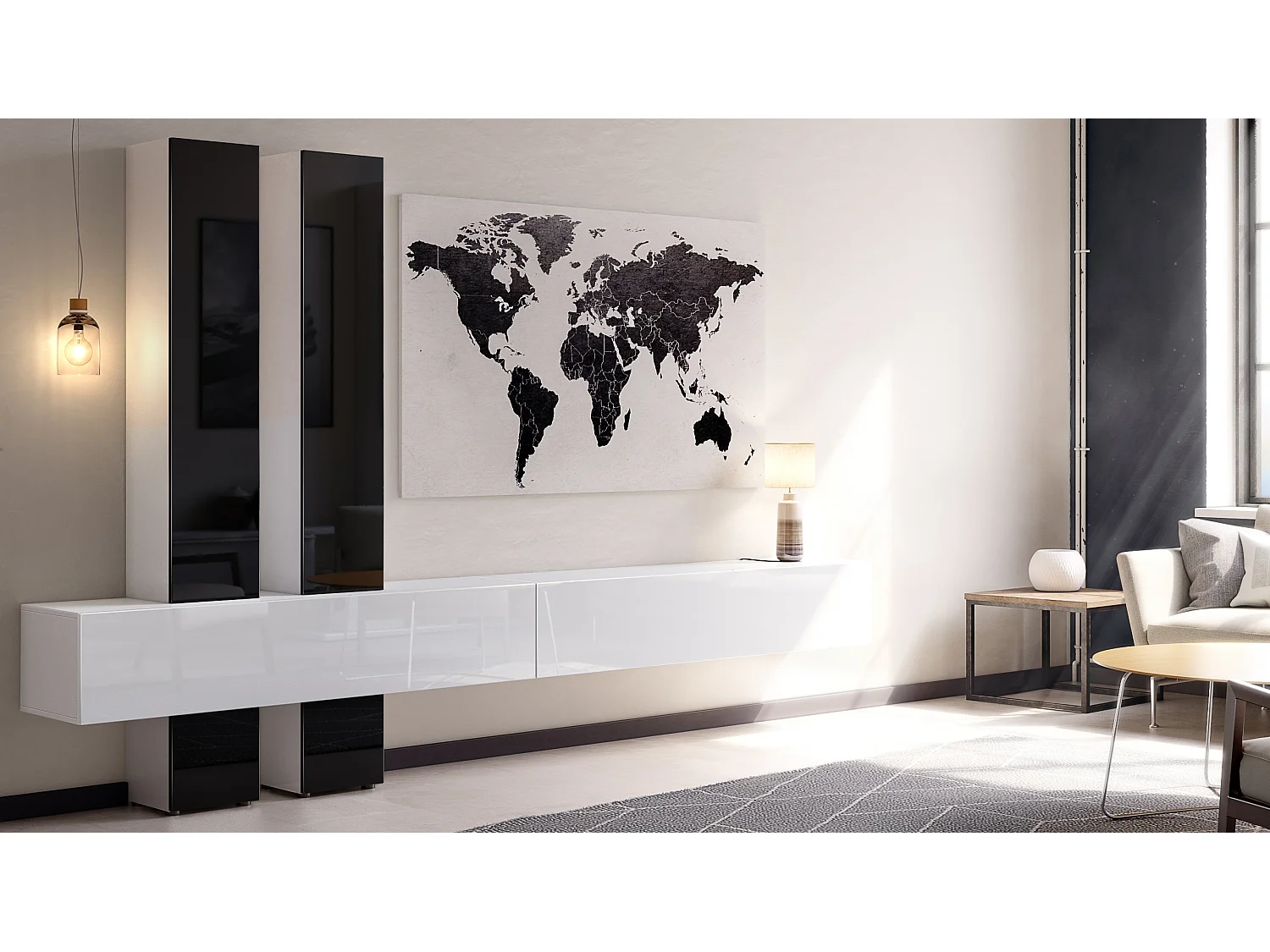 Meuble-paroi Moja de  - Blanc mat & blanc/noir haute brillance - Meuble-paroi moderne pour votre salon (LxHxP) 330 x 204 x 39 cm