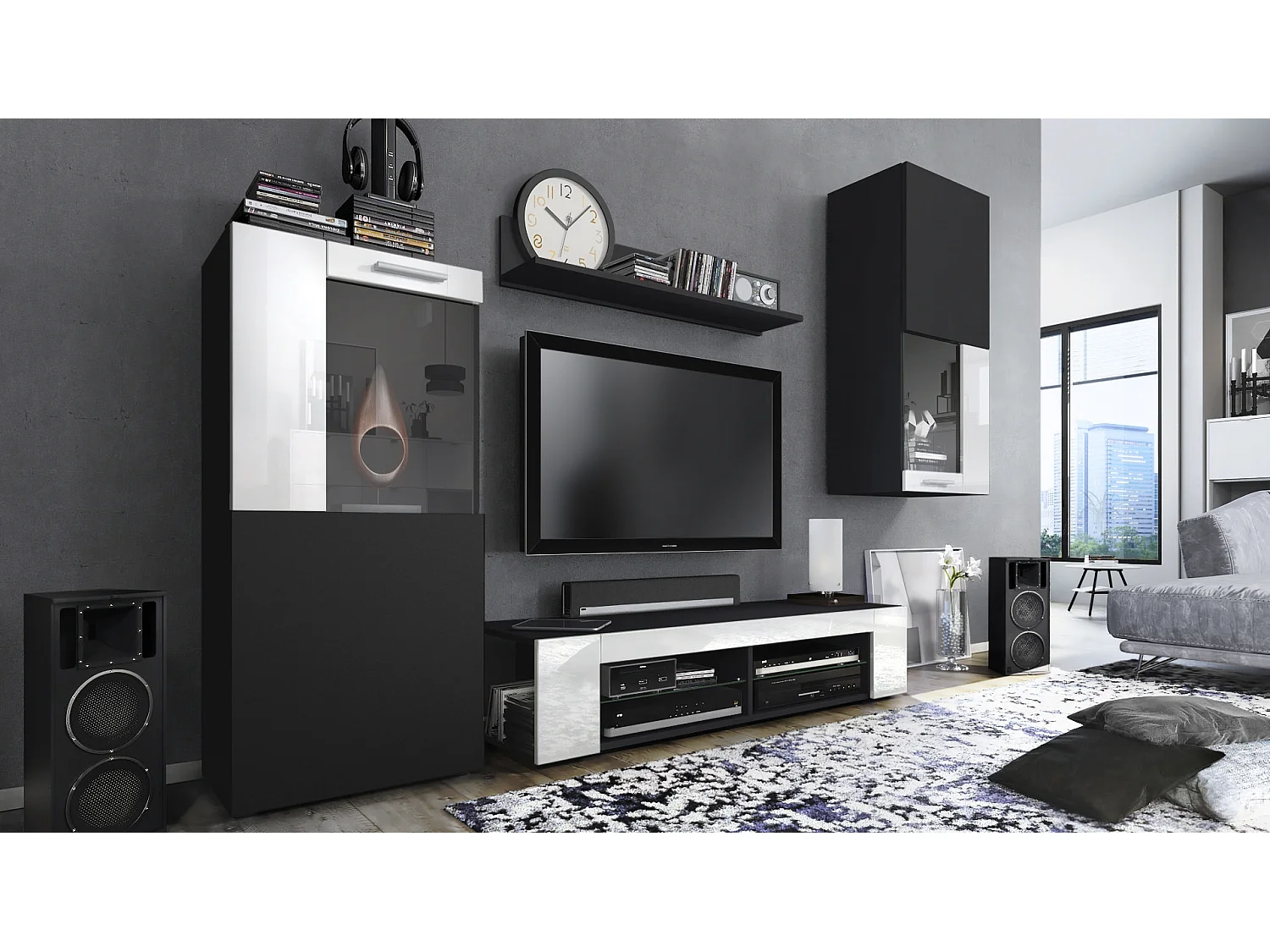 Ensemble de salon Movie comprenant 1 meuble bas TV, 2 vitrines et 1 étagère, Noir mat/Blanc haute brillance, (Dimensions totales : 300 x 190 x 39 cm)