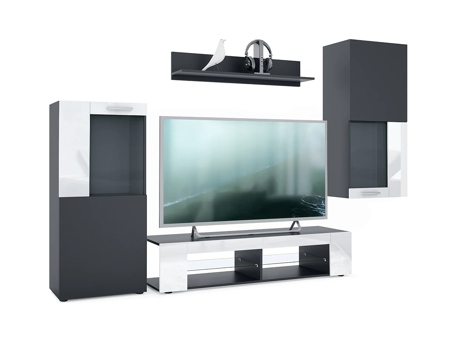 Ensemble de salon Movie comprenant 1 meuble bas TV, 2 vitrines et 1 étagère, Noir mat/Blanc haute brillance, (Dimensions totales : 300 x 190 x 39 cm)