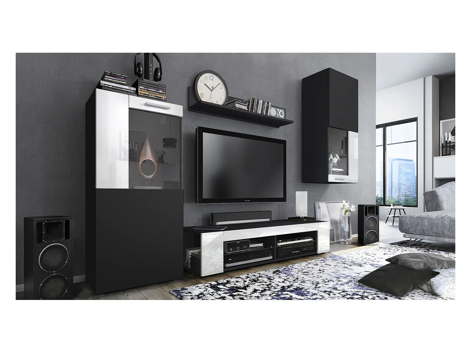 Ensemble de salon Movie comprenant 1 meuble bas TV, 2 vitrines et 1 étagère, Noir mat/Blanc haute brillance, (Dimensions totales : 300 x 190 x 39 cm)
