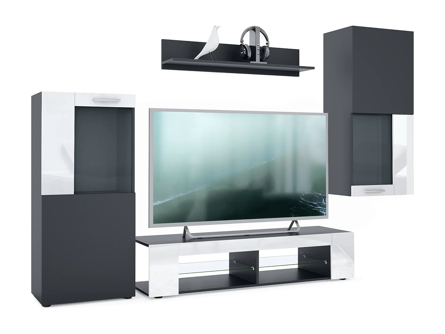 Ensemble de salon Movie comprenant 1 meuble bas TV, 2 vitrines et 1 étagère, Noir mat/Blanc haute brillance, (Dimensions totales : 300 x 190 x 39 cm)