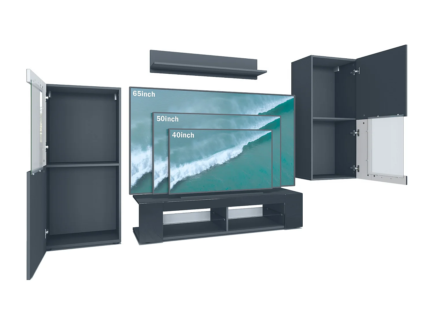 Ensemble de salon Movie comprenant 1 meuble bas TV, 2 vitrines et 1 étagère, Noir mat/Blanc haute brillance, (Dimensions totales : 300 x 190 x 39 cm)