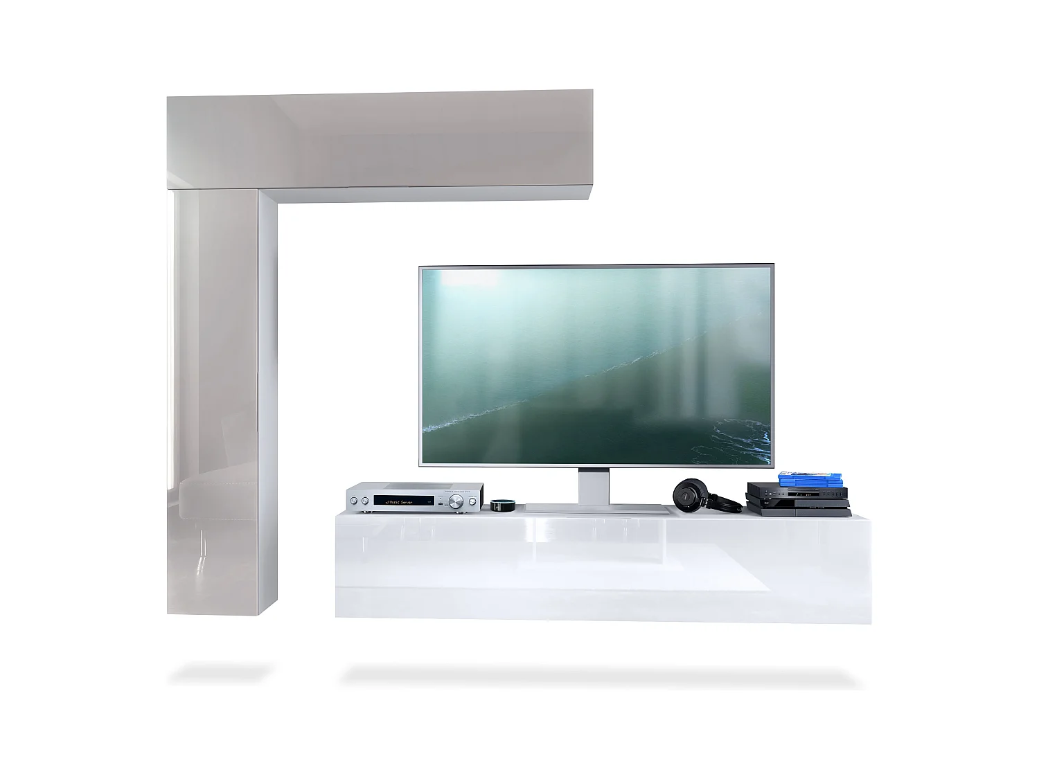 Meuble-paroi Taurito, blanc mat/gris sable haute brillance - Meuble-paroi moderne pour votre salon (320 x 182 x 39 cm)