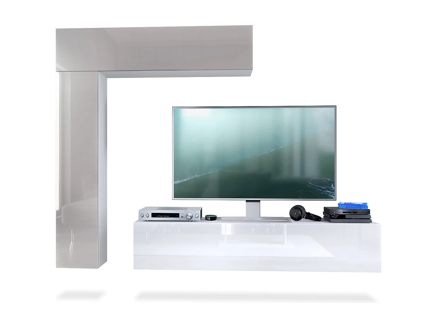 Meuble-paroi Taurito, blanc mat/gris sable haute brillance - Meuble-paroi moderne pour votre salon (320 x 182 x 39 cm)