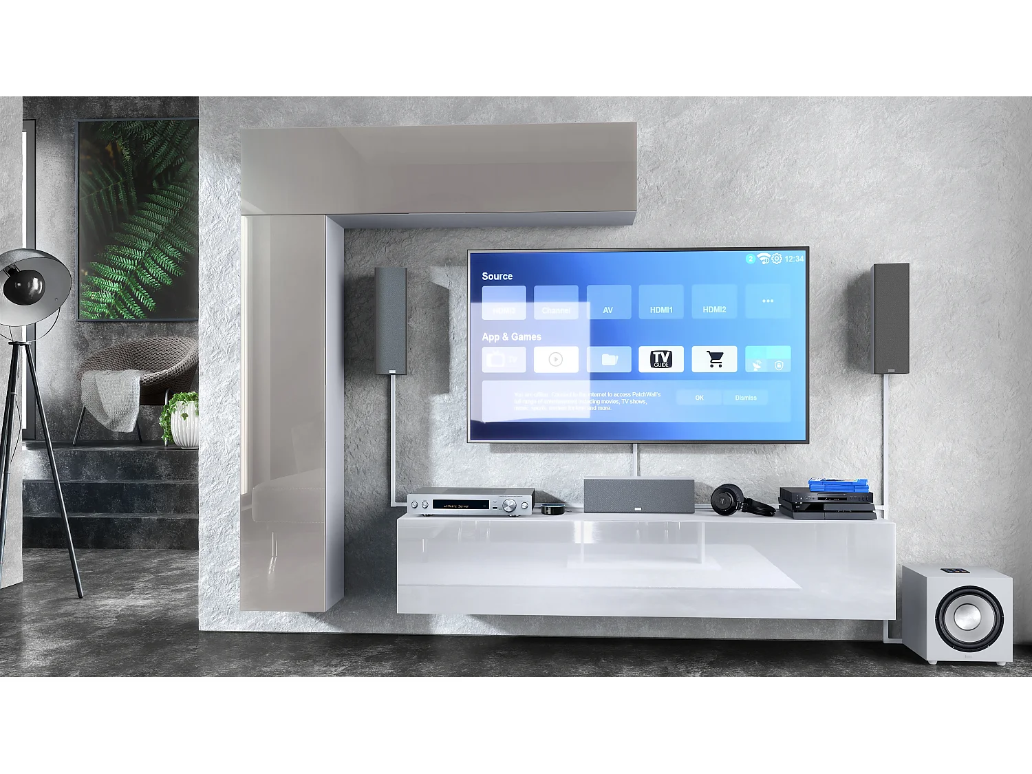 Meuble-paroi Taurito, blanc mat/gris sable haute brillance - Meuble-paroi moderne pour votre salon (320 x 182 x 39 cm)