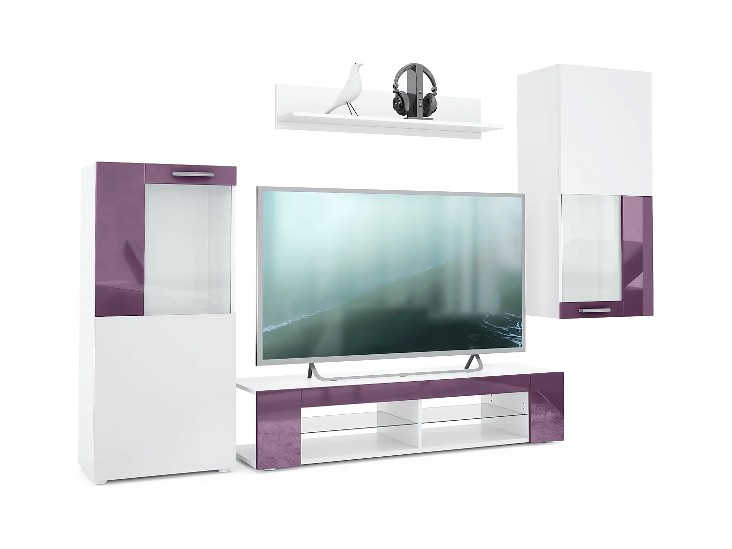 Ensemble de salon Movie comprenant 1 meuble bas TV, 2 vitrines et 1 étagère, Blanc mat/Mûre haute brillance, (Dimensions totales : 300 x 190 x 39 cm)