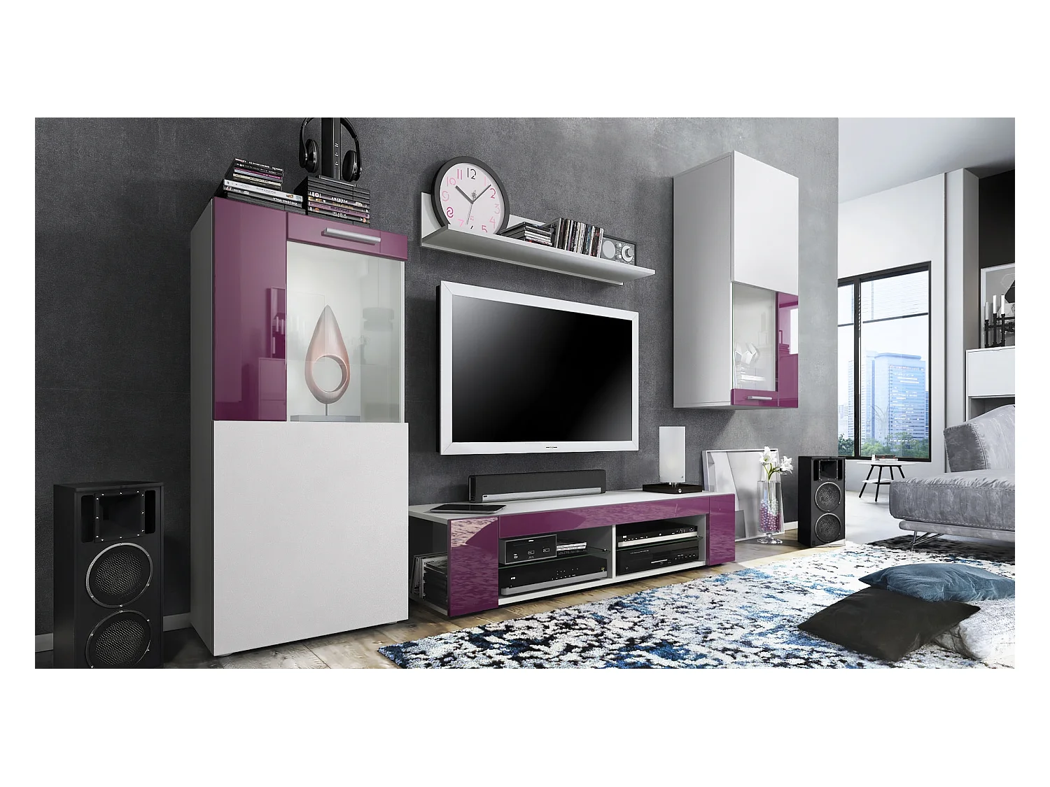 Ensemble de salon Movie comprenant 1 meuble bas TV, 2 vitrines et 1 étagère, Blanc mat/Mûre haute brillance, (Dimensions totales : 300 x 190 x 39 cm)