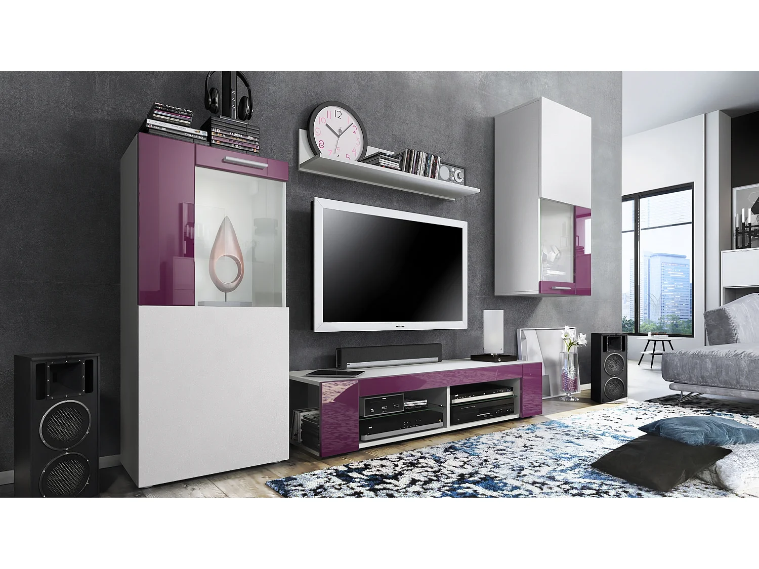 Ensemble de salon Movie comprenant 1 meuble bas TV, 2 vitrines et 1 étagère, Blanc mat/Mûre haute brillance, (Dimensions totales : 300 x 190 x 39 cm)