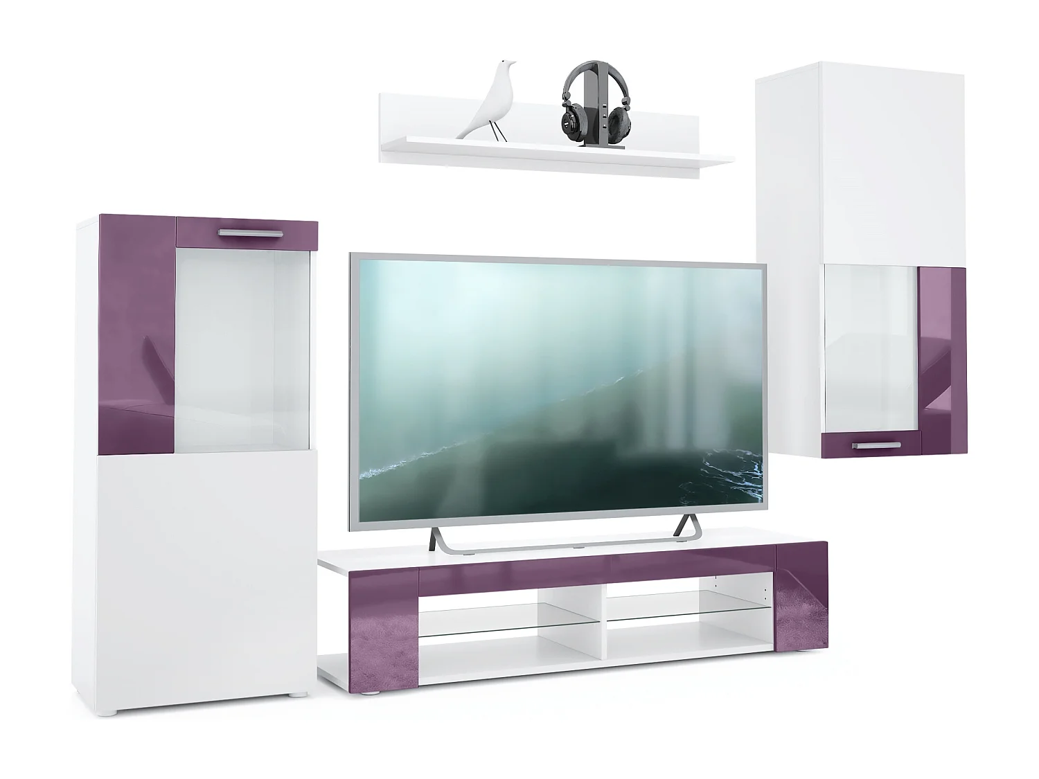 Ensemble de salon Movie comprenant 1 meuble bas TV, 2 vitrines et 1 étagère, Blanc mat/Mûre haute brillance, (Dimensions totales : 300 x 190 x 39 cm)