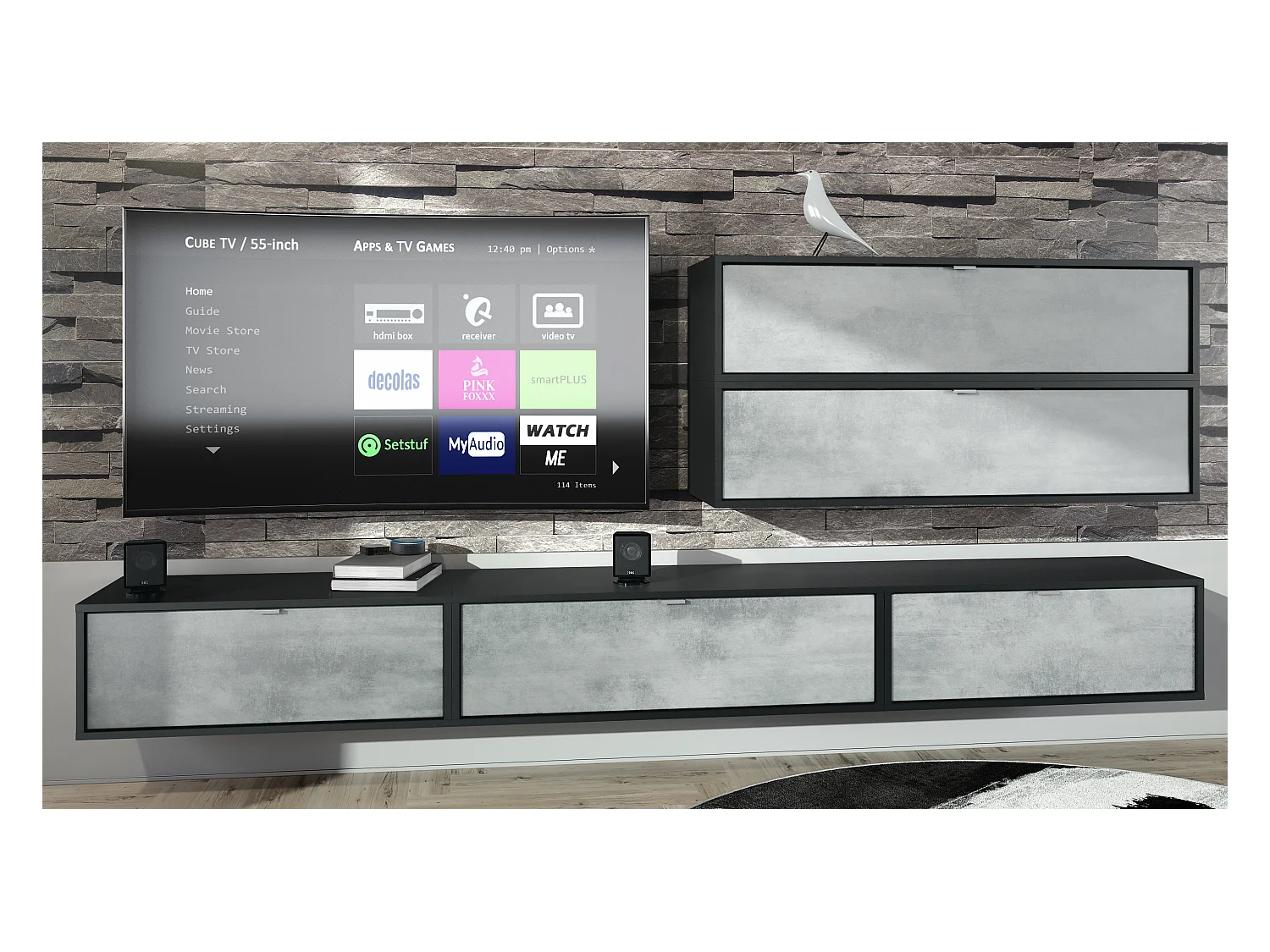 Unité murale Lana V2 composée de 5 unités murales à 12 compartiments, caisson en Noir mat, façades en Aspect Béton Oxyde