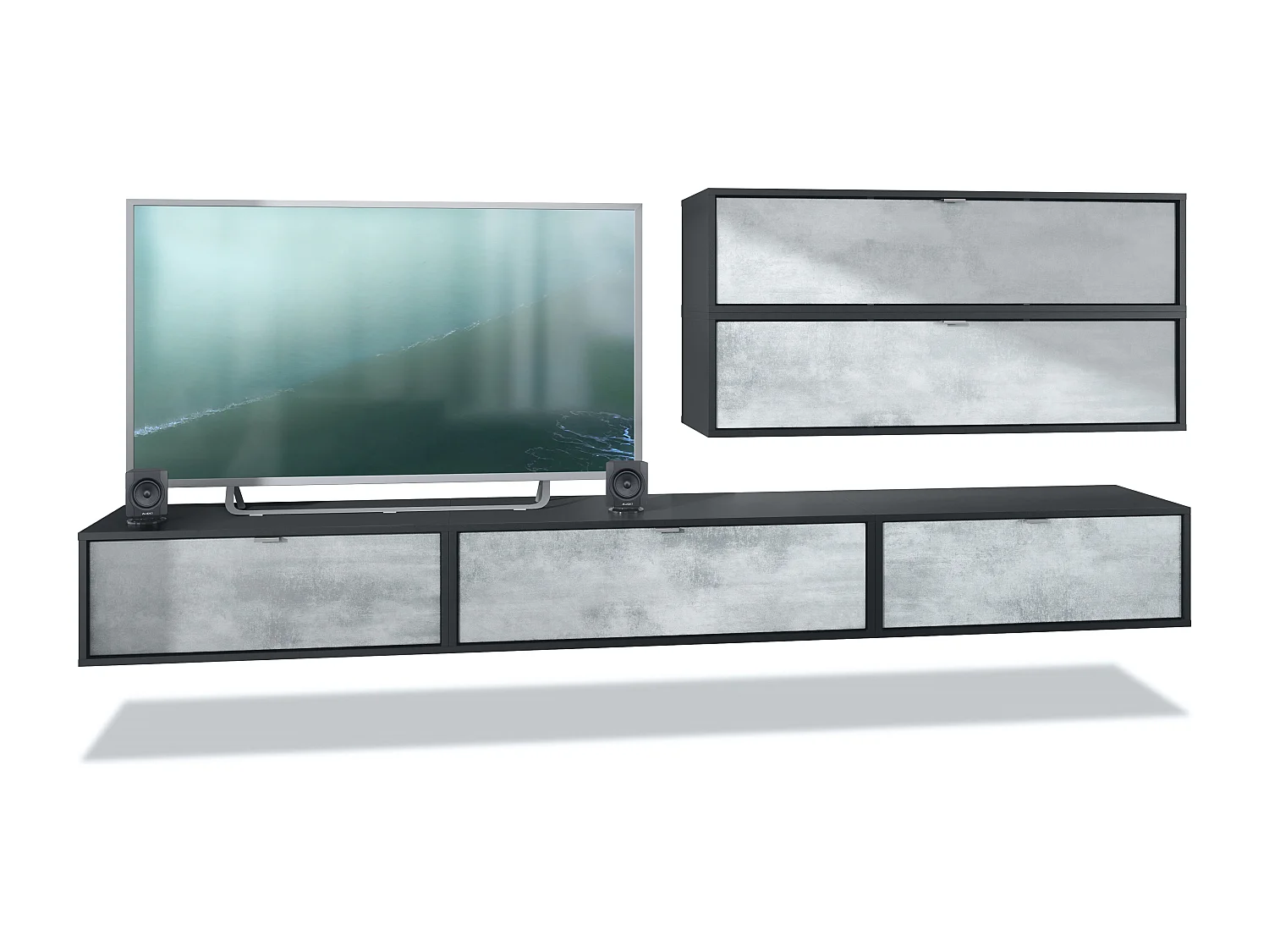 Parete attrezzata Lana V2 Centro di intrattenimento a 5 elementi sospesi con 12 ripiani, struttura in nero opaco, frontali in grigio ossido.