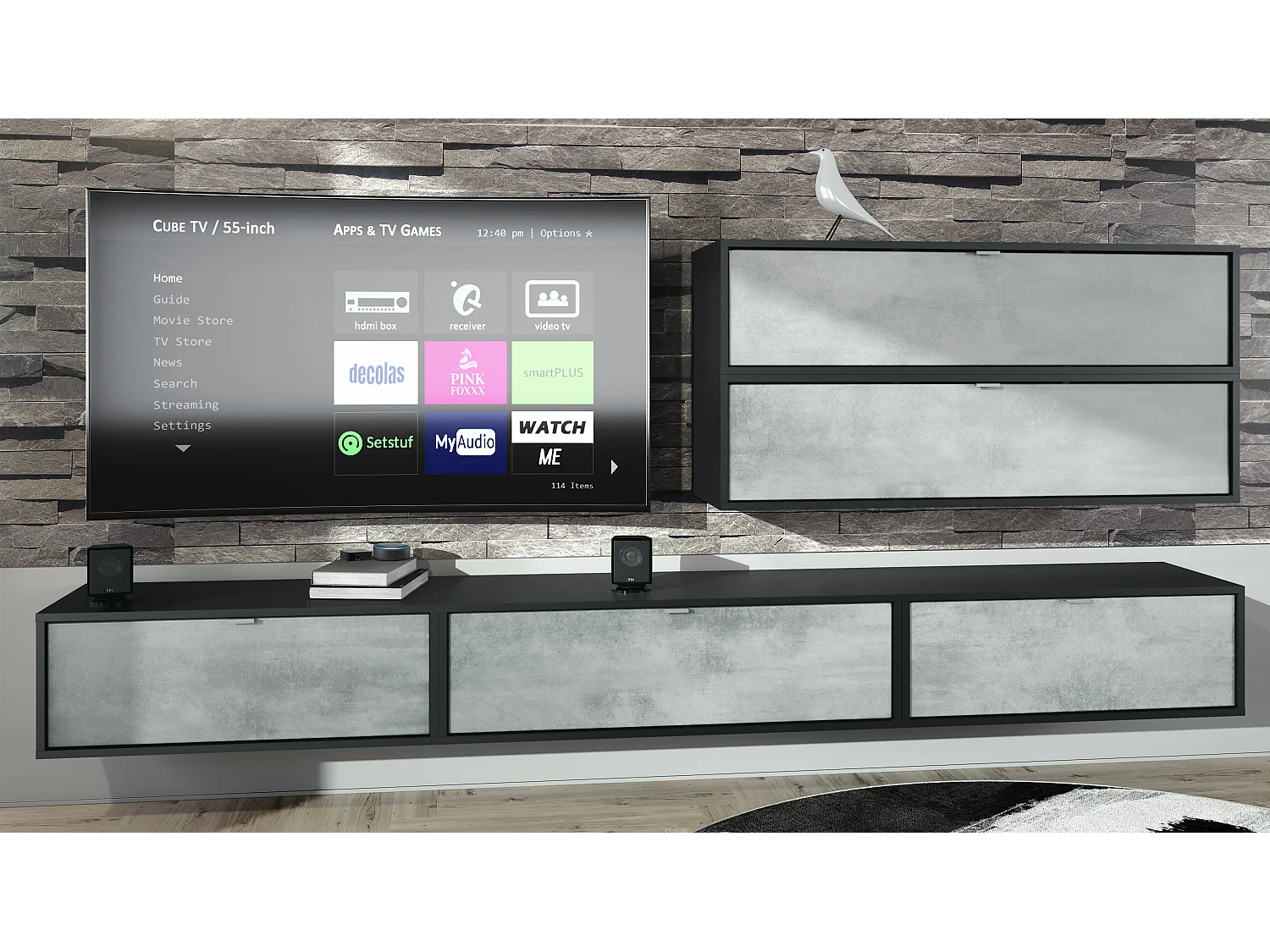 Parete attrezzata Lana V2 Centro di intrattenimento a 5 elementi sospesi con 12 ripiani, struttura in nero opaco, frontali in grigio ossido.