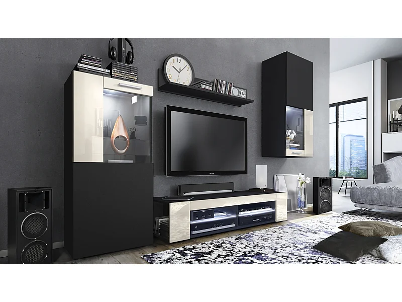 Ensemble de salon Movie comprenant 1 meuble bas TV, 2 vitrines et 1 étagère, Noir mat/Crème haute brillance, (Dimensions totales : 300 x 190 x 39 cm)