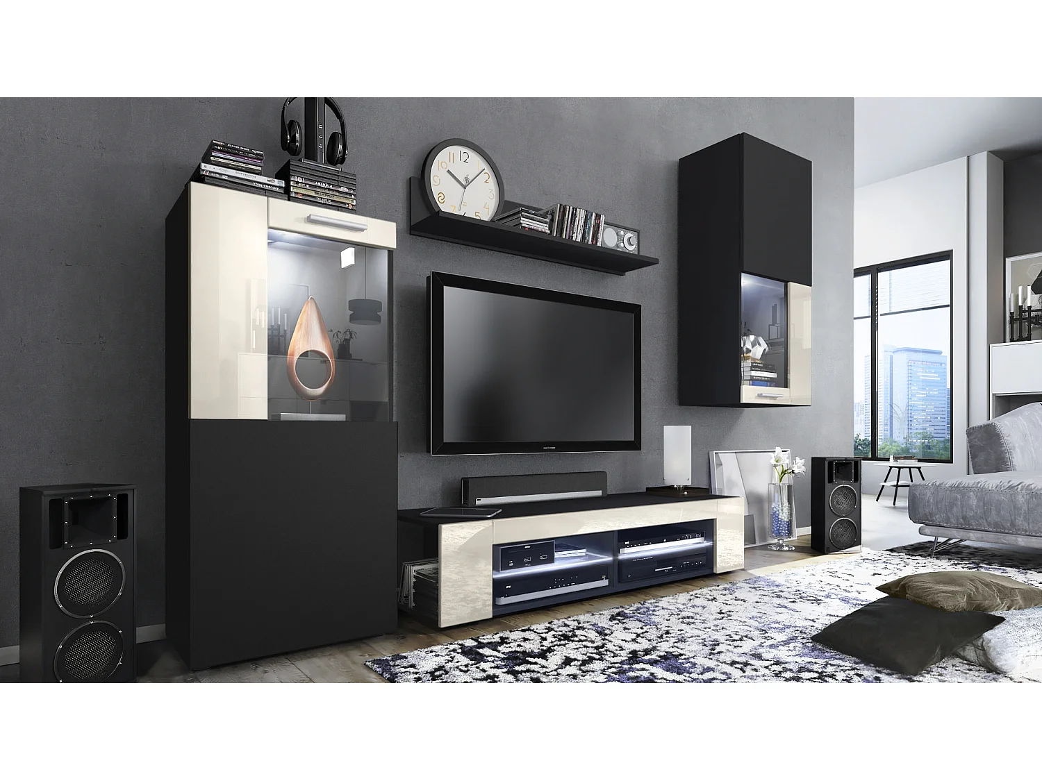 Ensemble de salon Movie comprenant 1 meuble bas TV, 2 vitrines et 1 étagère, Noir mat/Crème haute brillance, (Dimensions totales : 300 x 190 x 39 cm)