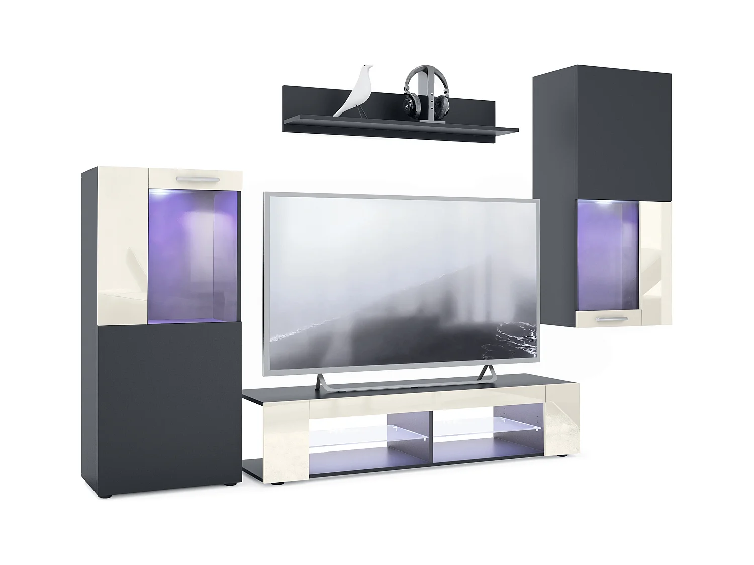 Ensemble de salon Movie comprenant 1 meuble bas TV, 2 vitrines et 1 étagère, Noir mat/Crème haute brillance, (Dimensions totales : 300 x 190 x 39 cm)