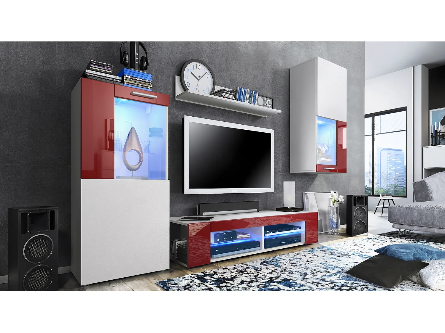 Ensemble de salon Movie comprenant 1 meuble bas TV, 2 vitrines et 1 étagère, Blanc mat/Bordeaux haute brillance, (Dimensions totales : 300 x 190 x 39 cm)