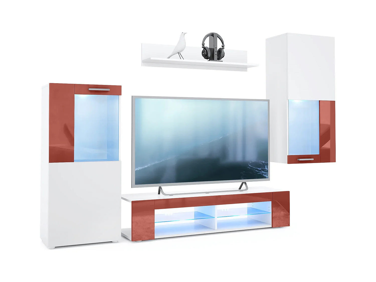 Ensemble de salon Movie comprenant 1 meuble bas TV, 2 vitrines et 1 étagère, Blanc mat/Bordeaux haute brillance, (Dimensions totales : 300 x 190 x 39 cm)