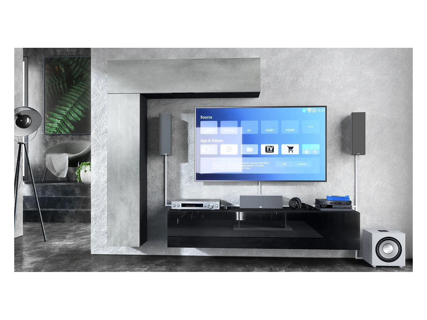 Meuble-paroi Taurito, noir mat/aspect béton oxyde - Meuble-paroi moderne pour votre salon (320 x 182 x 39 cm)