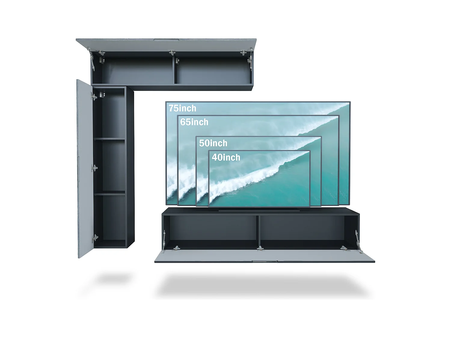 Meuble-paroi Taurito, noir mat/aspect béton oxyde - Meuble-paroi moderne pour votre salon (320 x 182 x 39 cm)