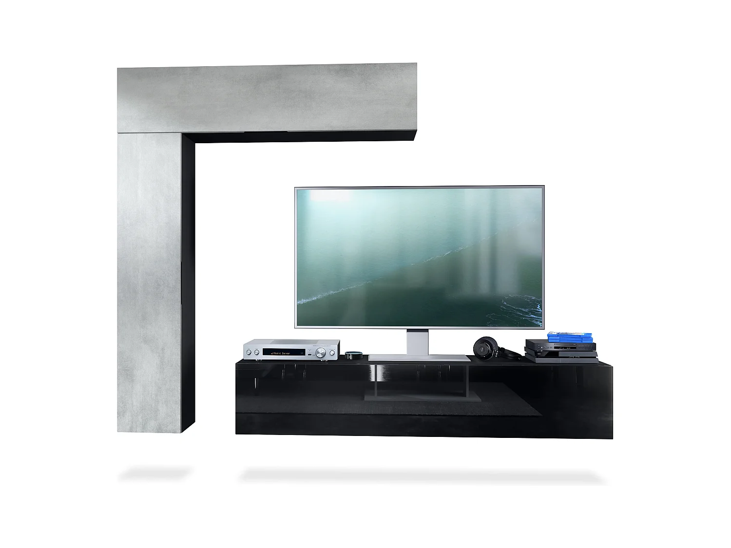 Meuble-paroi Taurito, noir mat/aspect béton oxyde - Meuble-paroi moderne pour votre salon (320 x 182 x 39 cm)