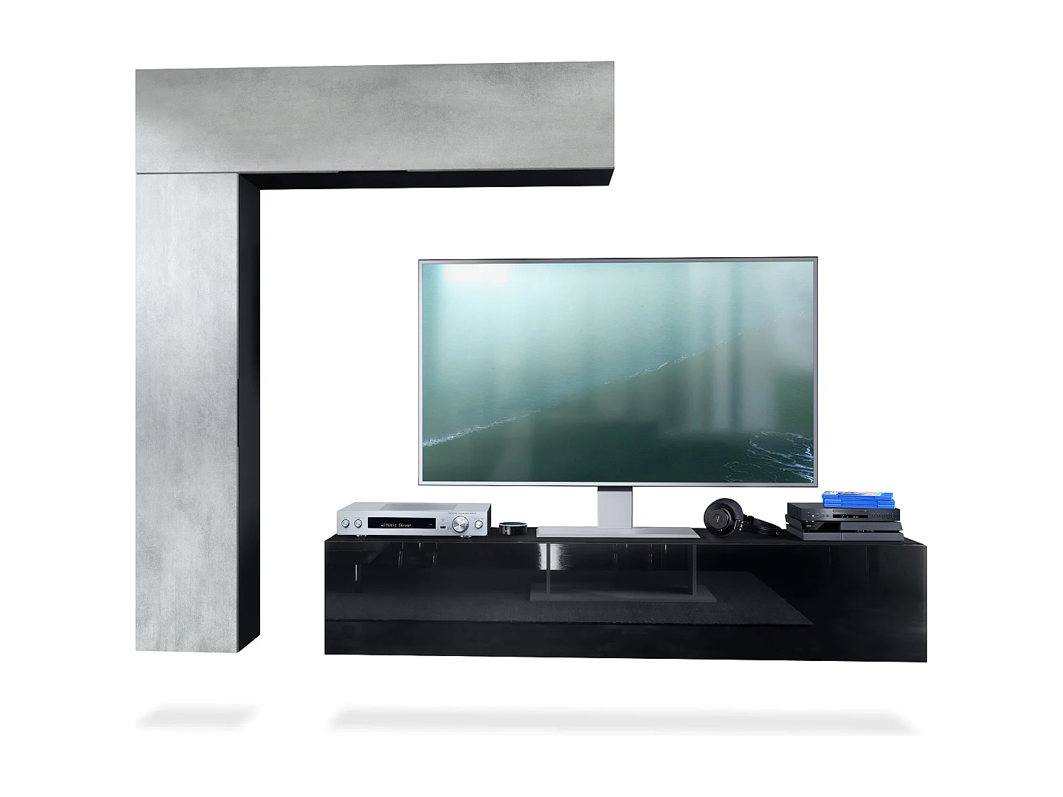 Meuble-paroi Taurito, noir mat/aspect béton oxyde - Meuble-paroi moderne pour votre salon (320 x 182 x 39 cm)